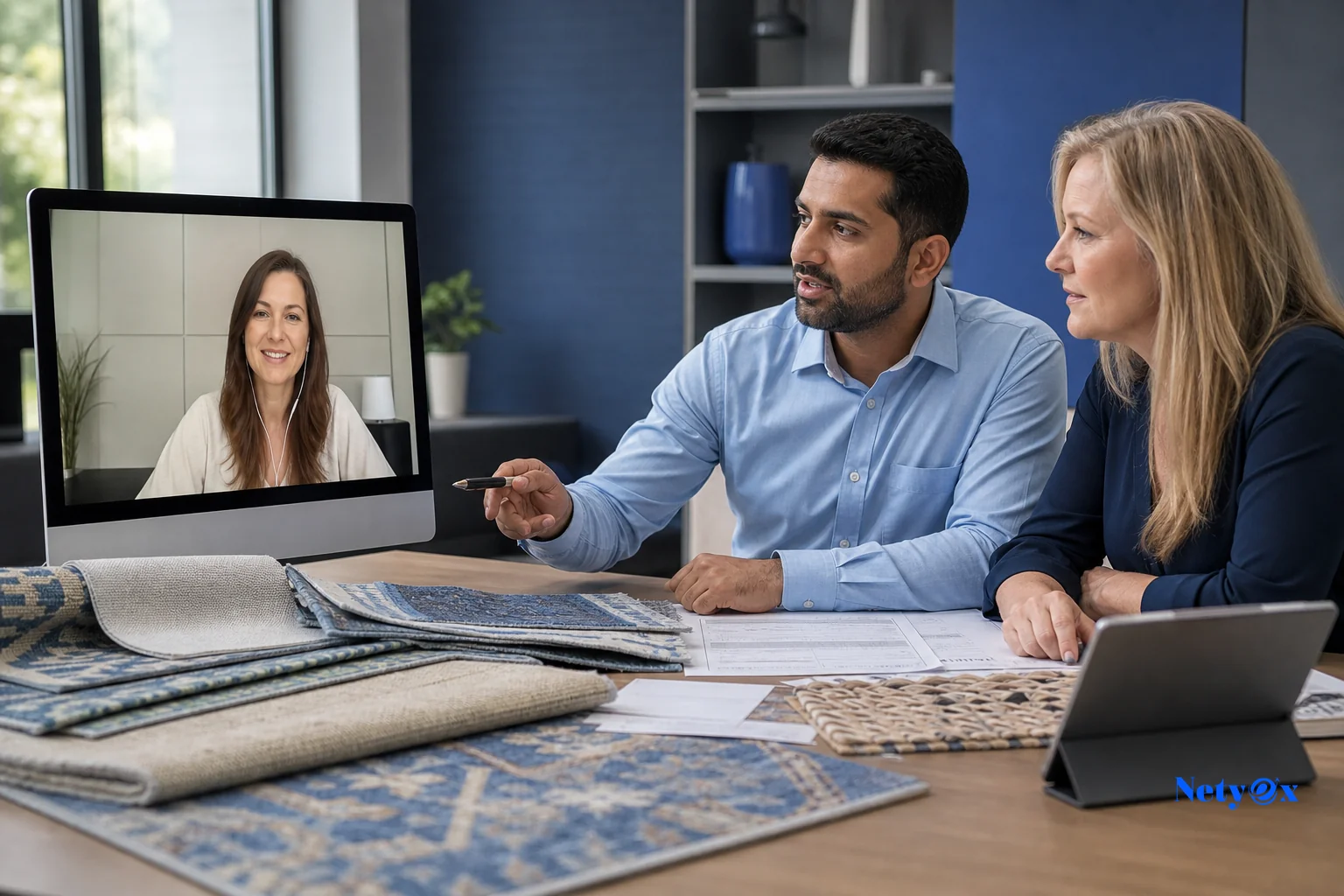 Two professionals reviewing export documents and rug samples together, representing sourcing partner collaboration. photorealistic photo of two professionals, one Indian sourcing specialist and one international buyer on a video call