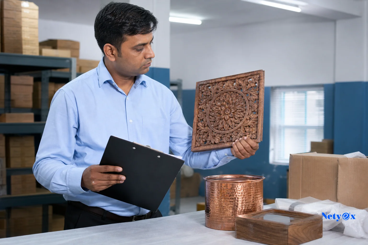Photorealistic image of a quality inspector examining a handicraft sample against a checklist. photorealistic photograph of a quality control inspector in India examining a hand-carved wooden decor sample and a copper item on an inspection