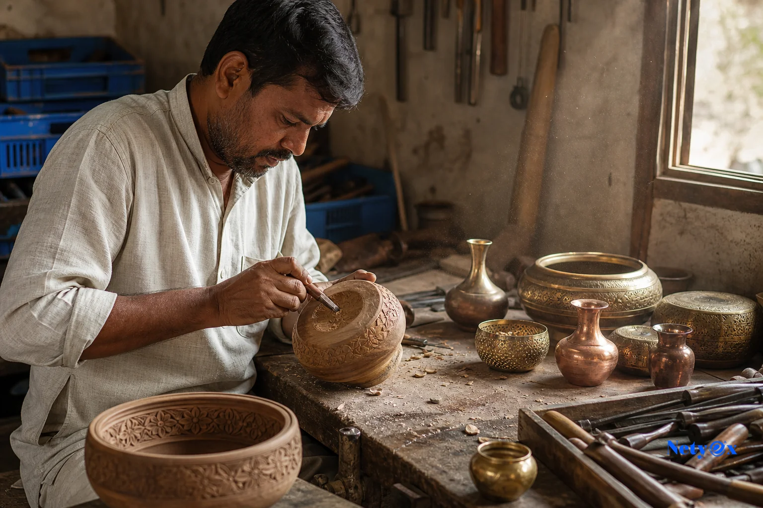 Photorealistic image of an Indian artisan workshop crafting wooden and brass decor items. photorealistic photograph of an Indian artisan's small workshop, hands carving a wooden decorative bowl on a workbench with brass and copper