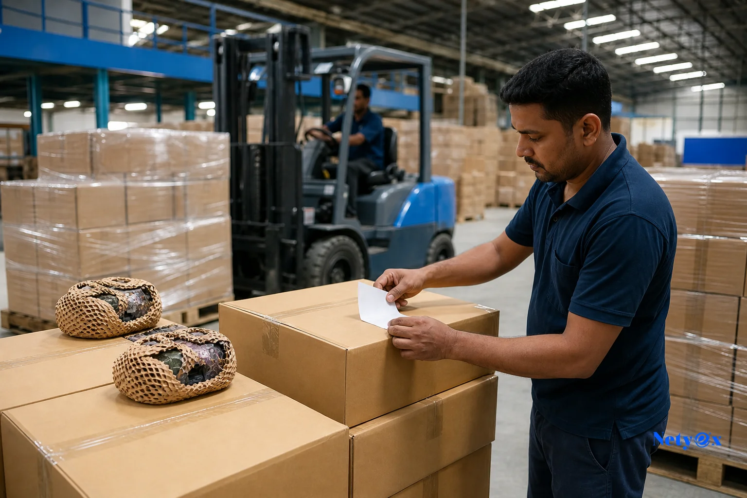 Photorealistic image of export cartons of handicrafts being packed for international air freight shipment. photorealistic photograph of export-ready cardboard cartons packed with wrapped handicraft items being sealed and labeled at a