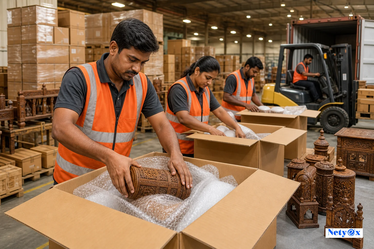 Workers packing carved wooden handicraft items into export cartons in an Indian warehouse, ready for container loading