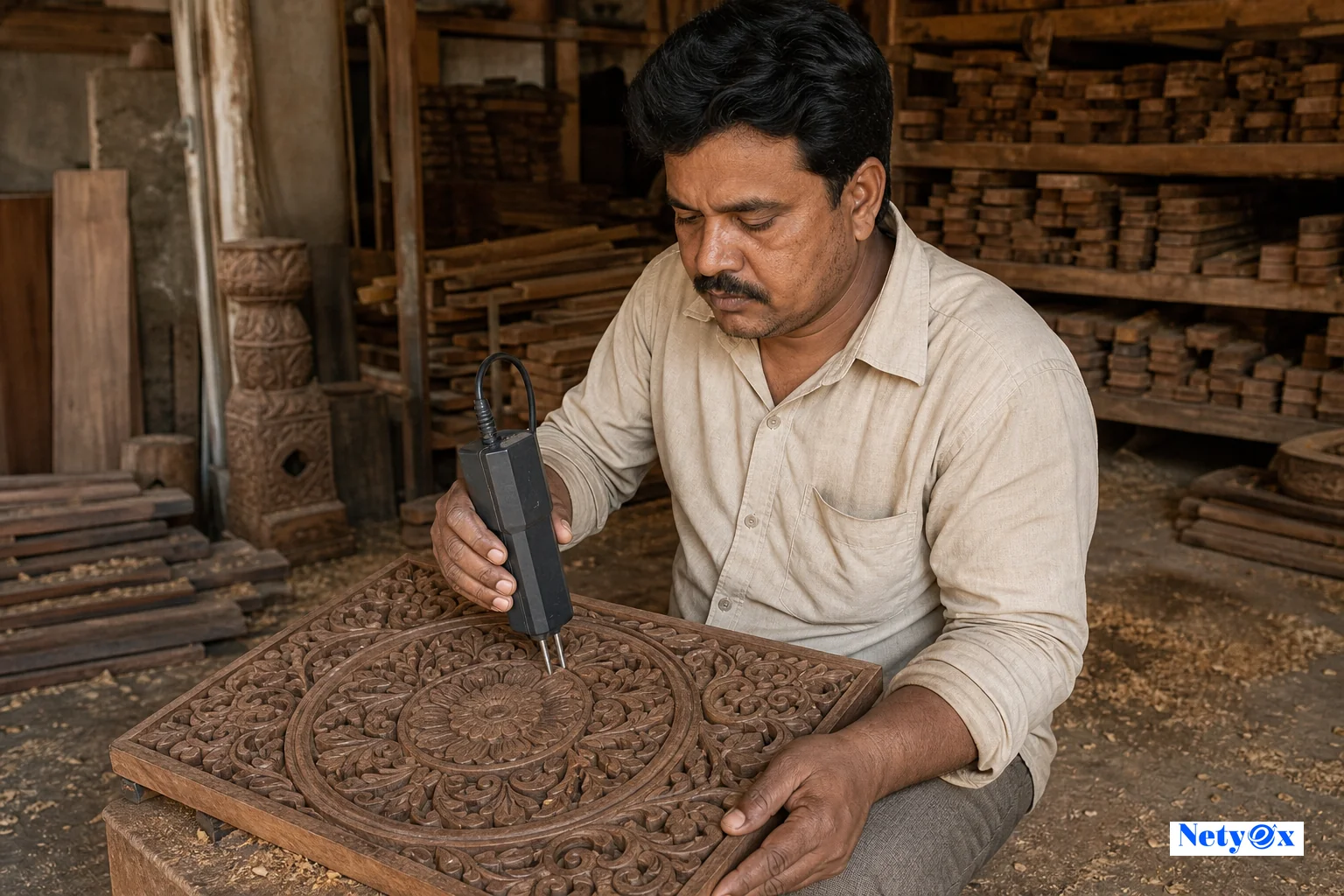Indian craftsman using a moisture meter on a carved sheesham wood panel in a Saharanpur workshop
