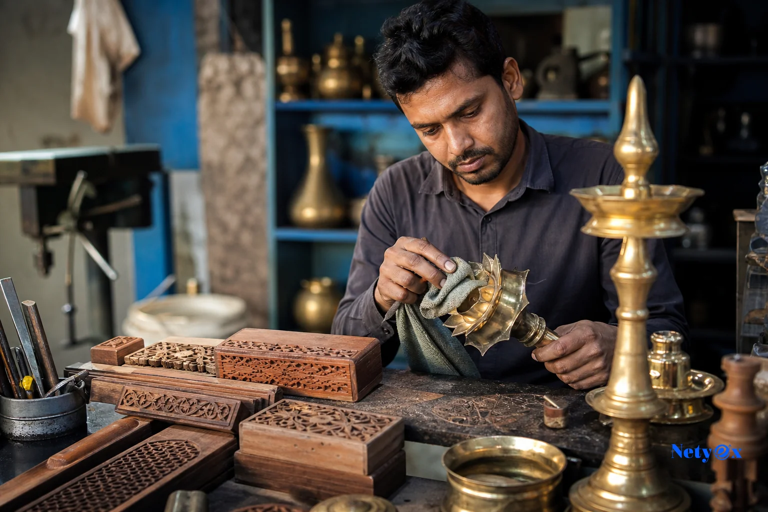Artisan workshop in India producing brass and wooden handicraft items for export