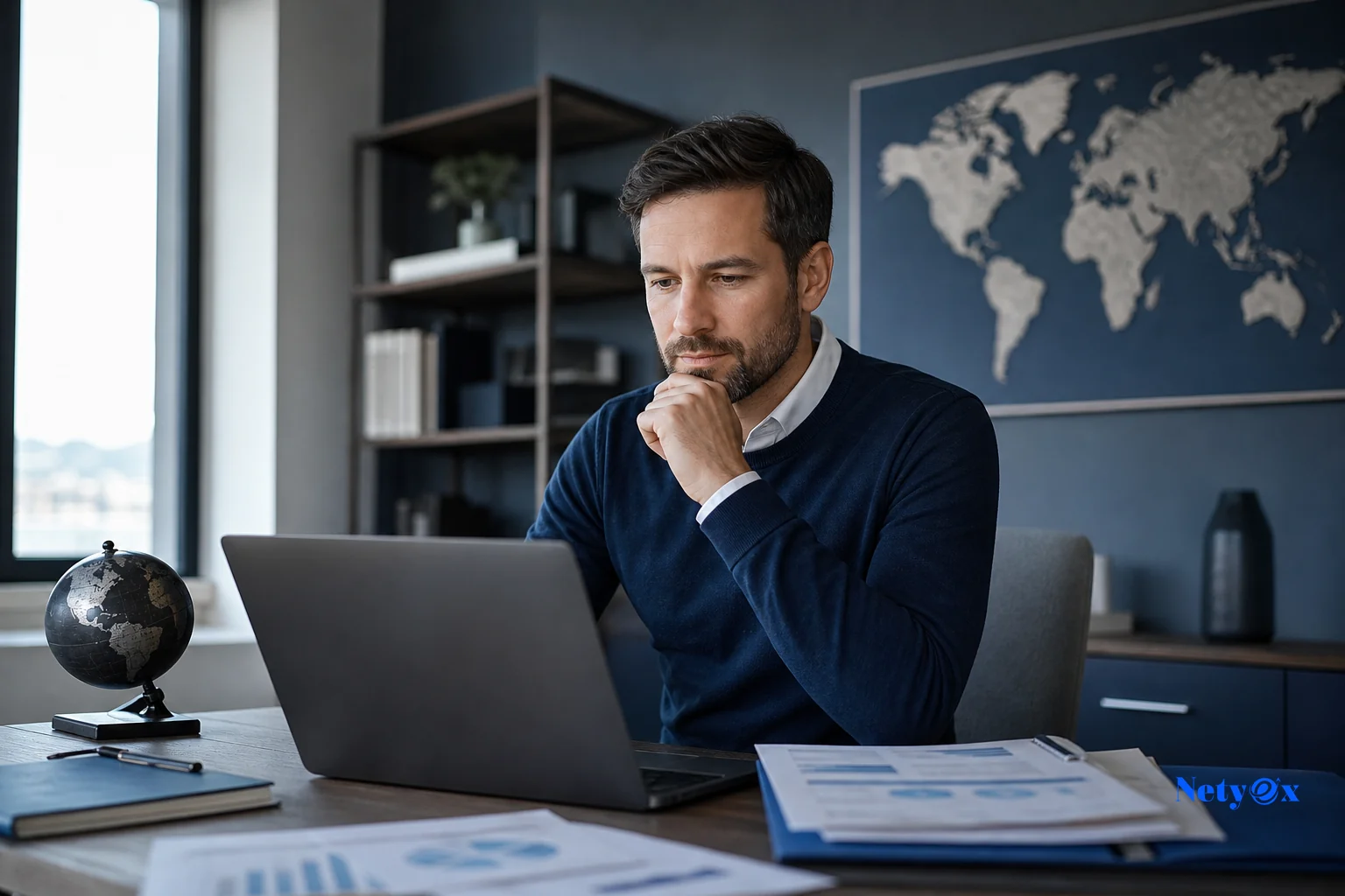 Professional reviewing shipment documents and supplier plans on a laptop while planning a China Plus One sourcing transition