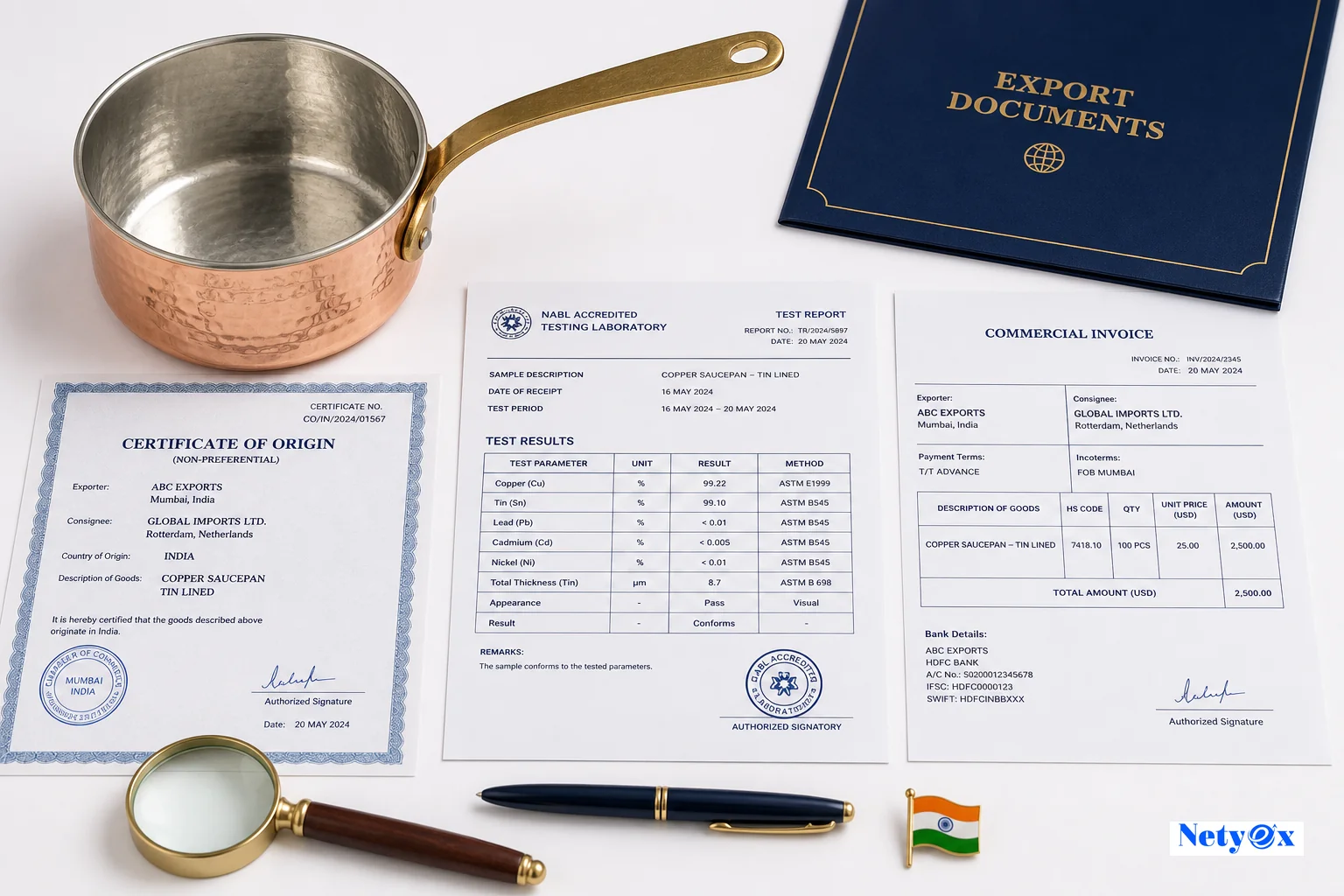 Quality control inspector measuring copper cookware wall thickness with a digital caliper in a warehouse inspection setting