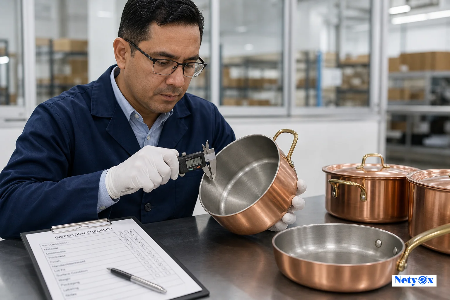 Export compliance documents including certificate of origin and lab test reports laid out alongside a copper saucepan