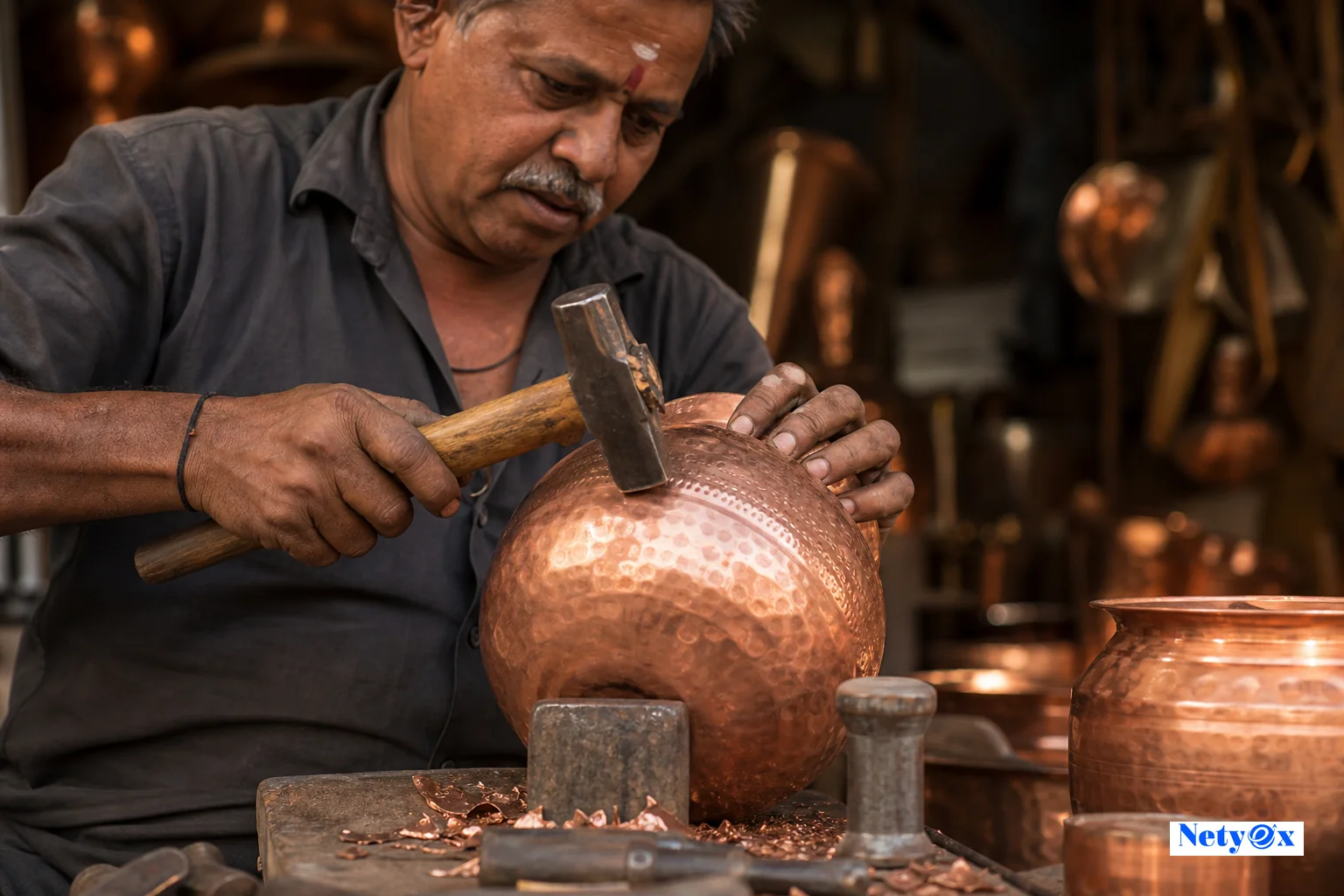 Indian artisan craftsman hand-hammering a copper pot in a traditional metalworking workshop
