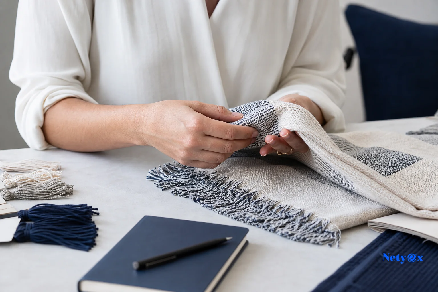 Hands inspecting the texture and weave of a fabric throw sample during a quality check