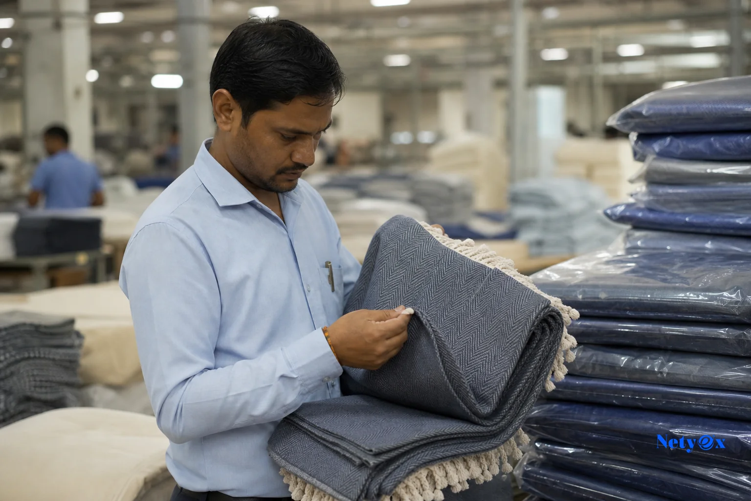 Quality control inspector examining finished blankets for stitching and edge consistency before export packing