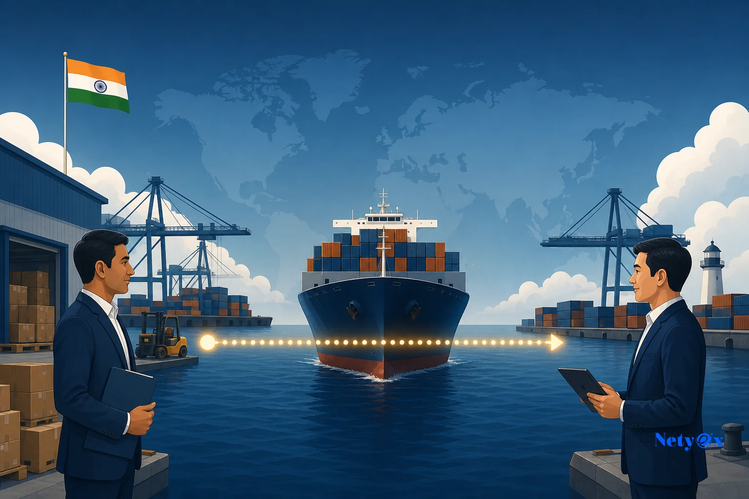 Conceptual illustration showing risk transfer between seller and buyer across a container ship at sea, representing Incoterms insurance responsibility