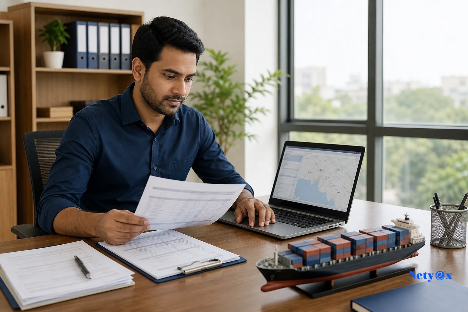 Professional sourcing specialist reviewing shipping and insurance documents at a desk with a laptop showing logistics tracking, representing Netyex's managed India sourcing service