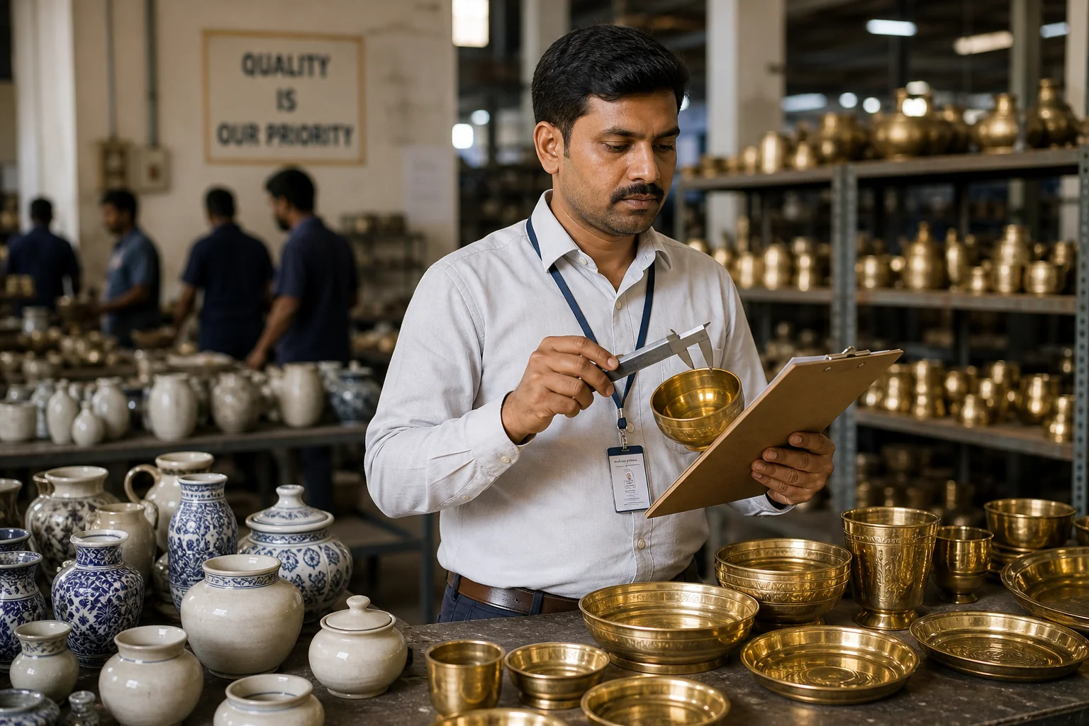 Quality control inspector examining brass tableware and ceramic pottery products in an Indian manufacturing facility