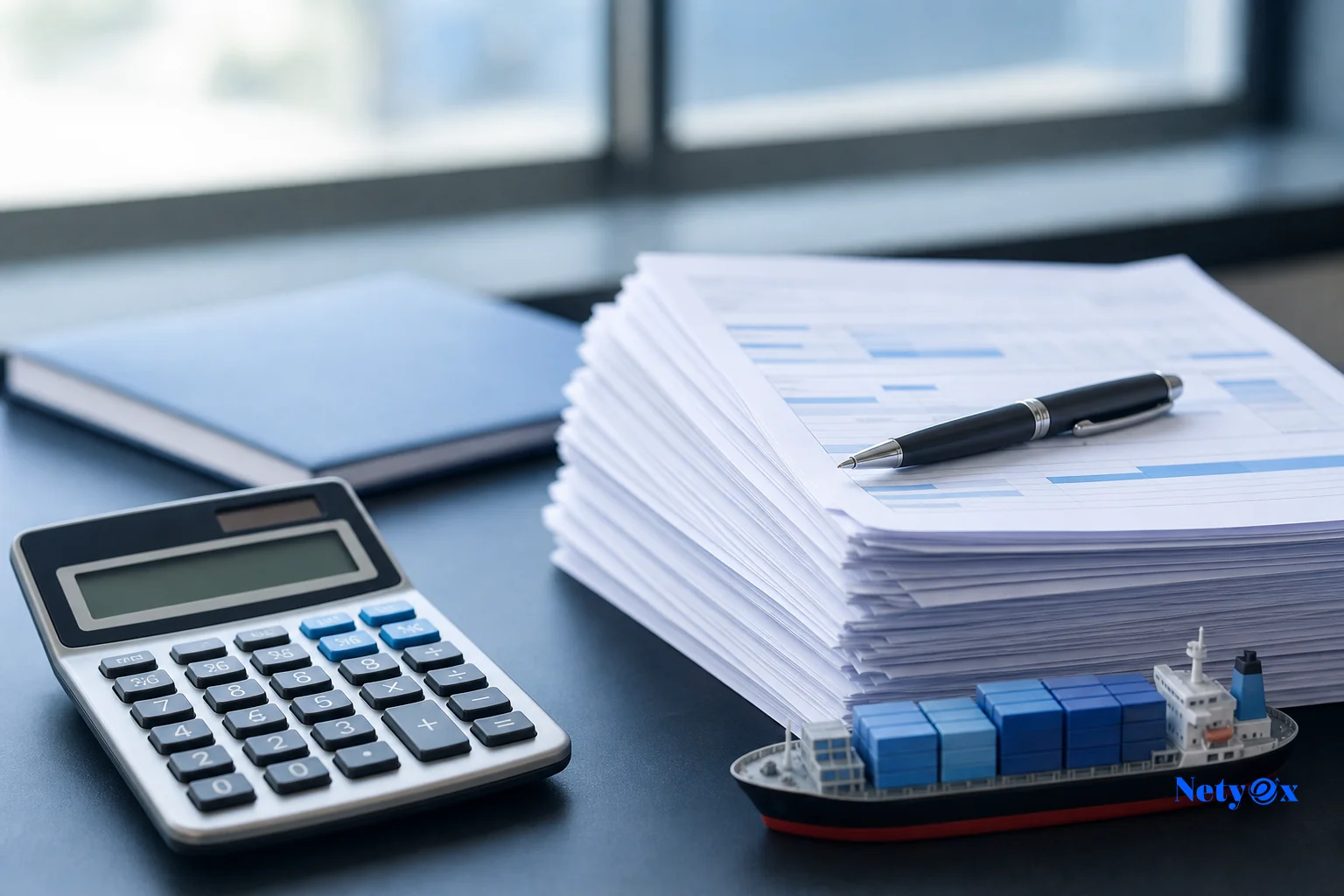 Desk with calculator and shipping invoices representing import VAT and landed cost calculation for UK imports from India