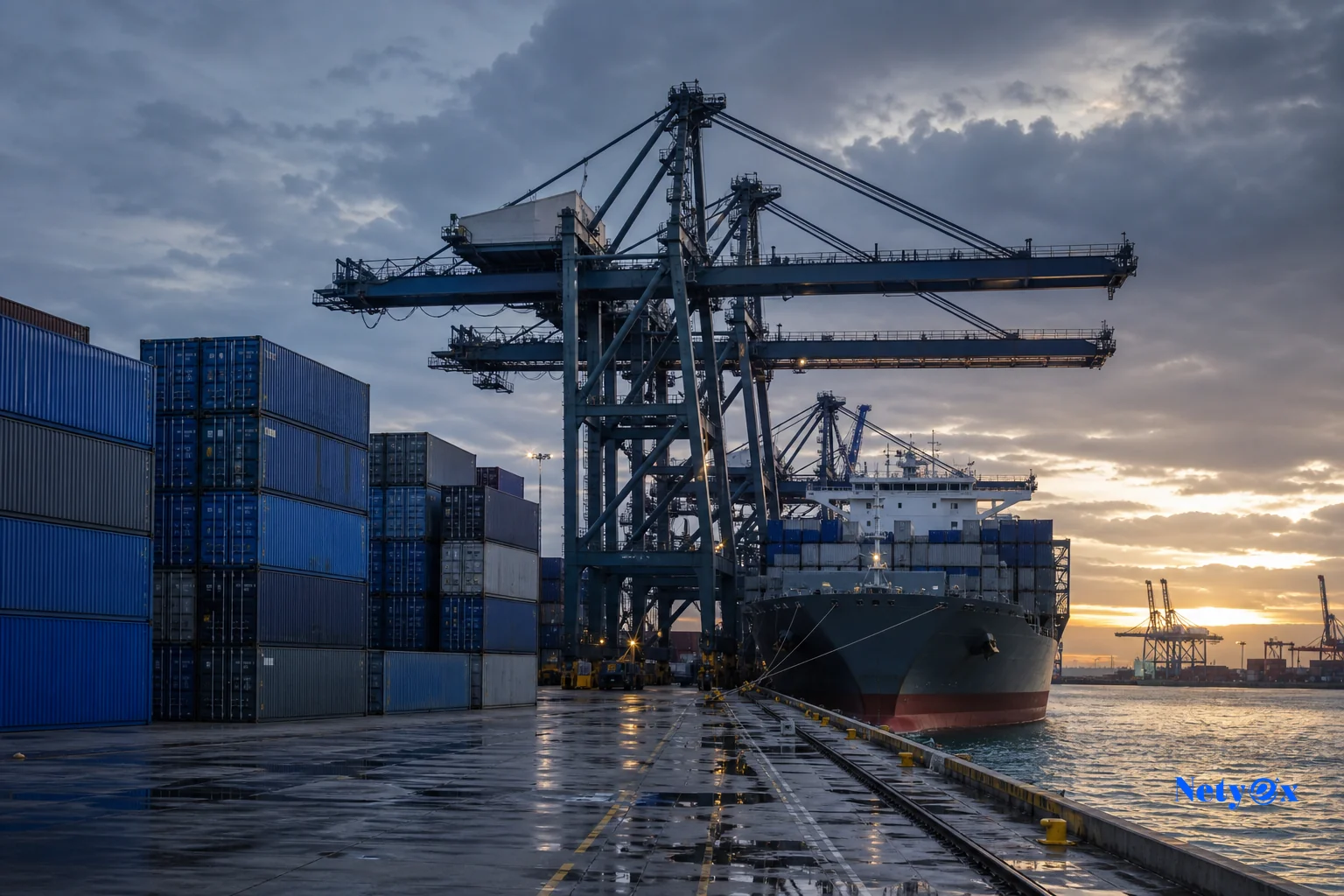 Container port with stacked shipping containers representing sea freight arriving in the UK from India