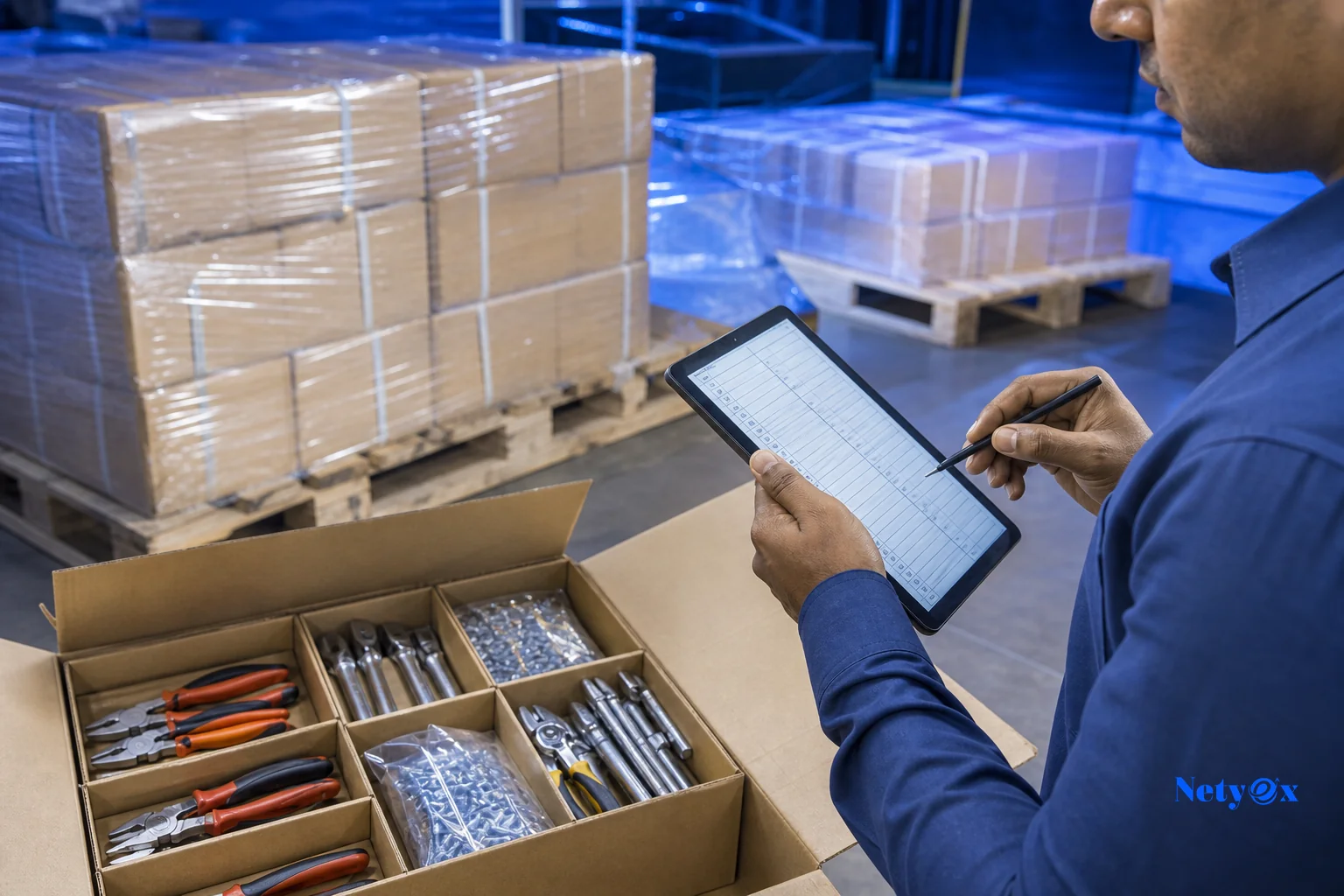Photorealistic image of pre-shipment inspection of packed hardware tools ready for export. Photorealistic: A pre-shipment inspection scene at an Indian export facility, cardboard cartons of packed hand tools and hardware being checked