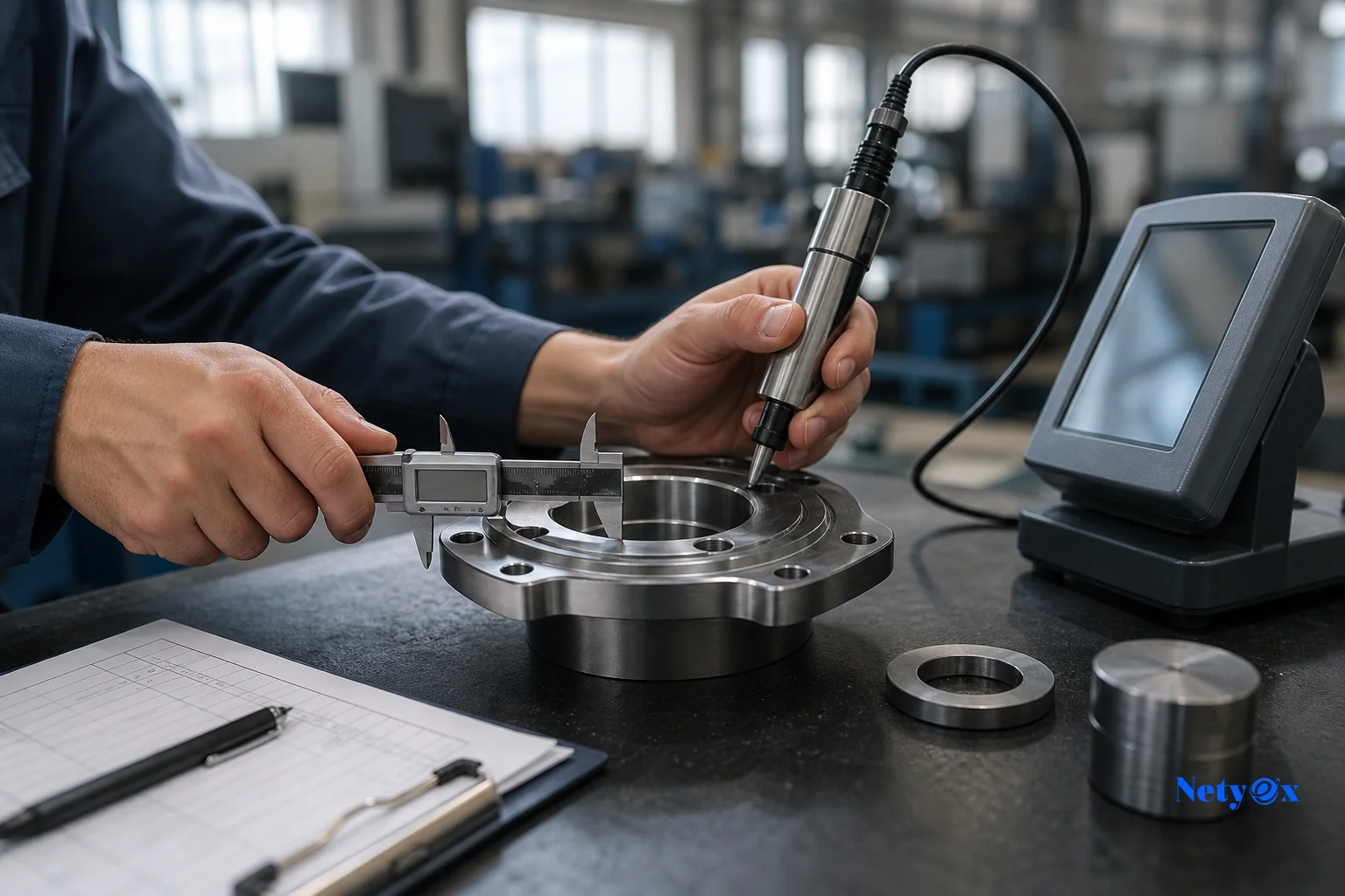 Photorealistic image showing quality inspection and certification documentation for hardware products. Photorealistic: Close-up of a quality inspector's hands examining a metal hardware component with a caliper and hardness tester on an
