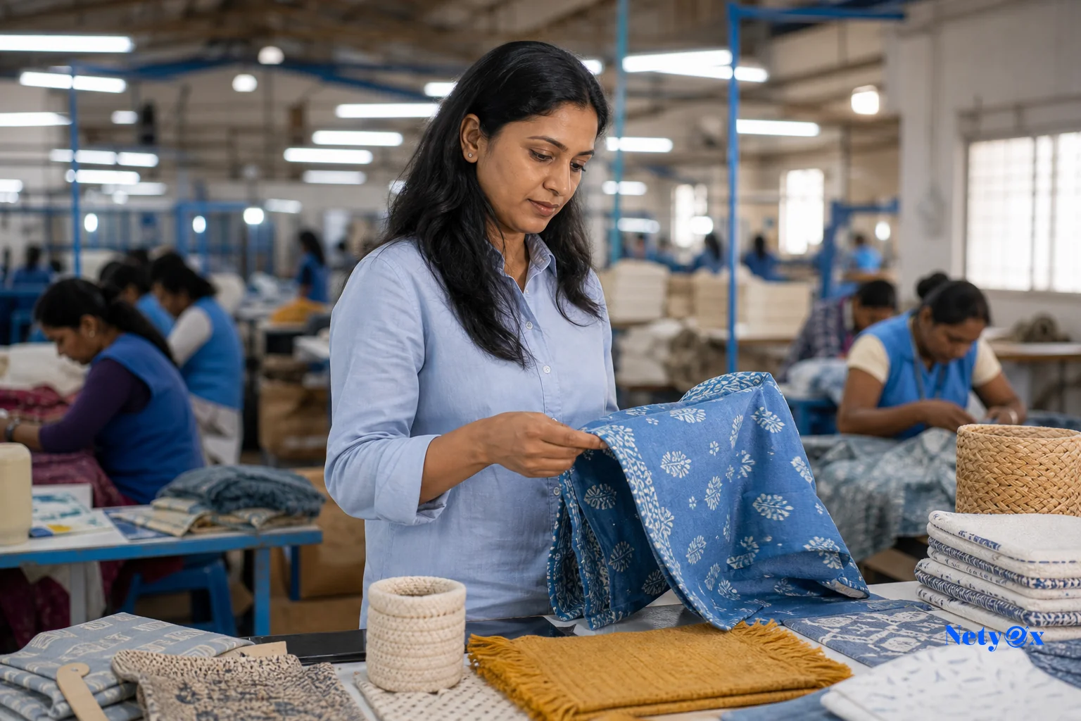 A sourcing specialist in an Indian factory office reviewing production samples and quality checklists with a manufacturer. photorealistic photo of a professional sourcing specialist in business casual attire reviewing handicraft and textile