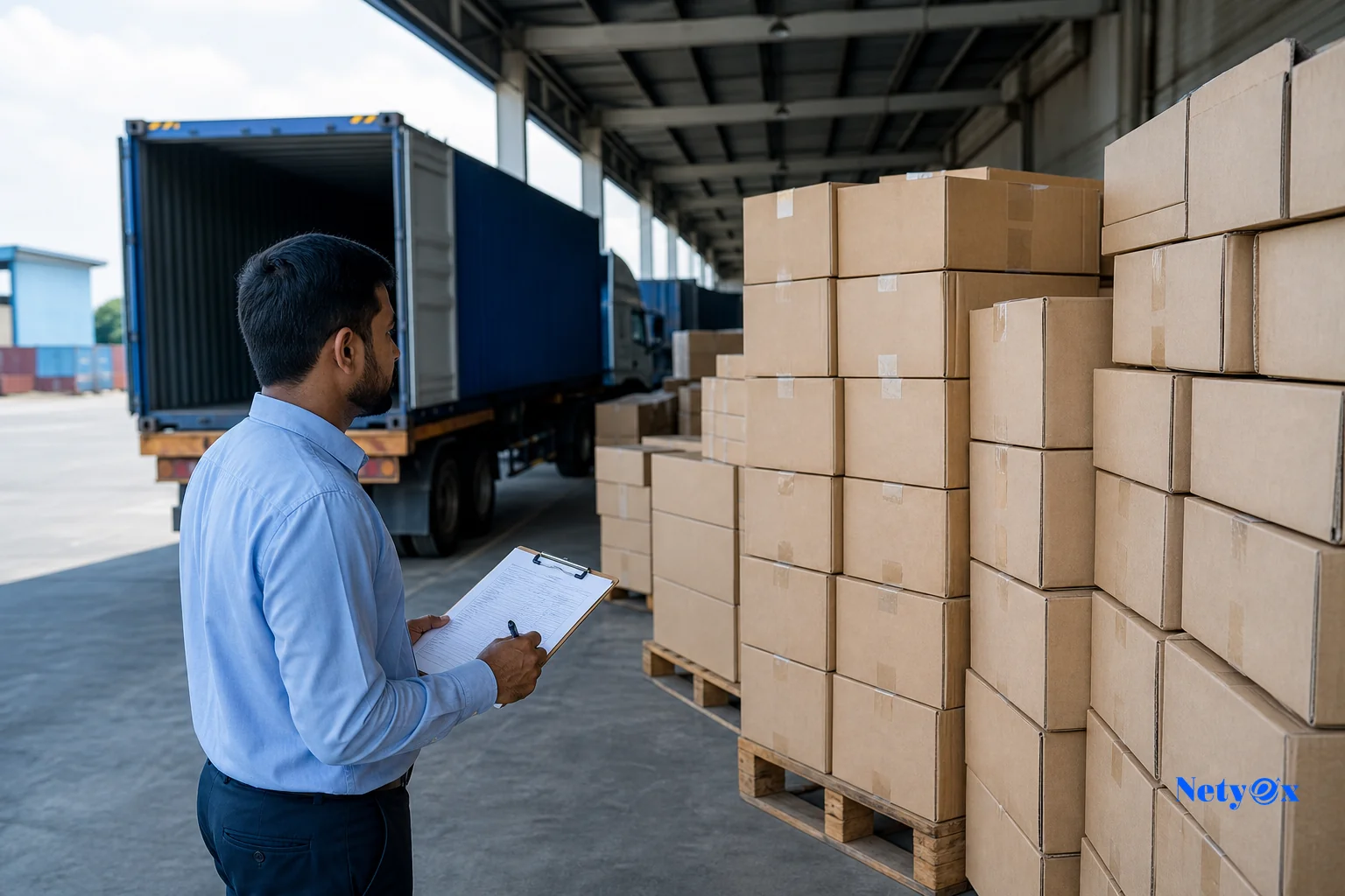 Export cartons being loaded for international shipping with visible logistics documentation, representing coordinated freight from India. photorealistic photo of export cargo cartons stacked on wooden pallets at an Indian warehouse loading