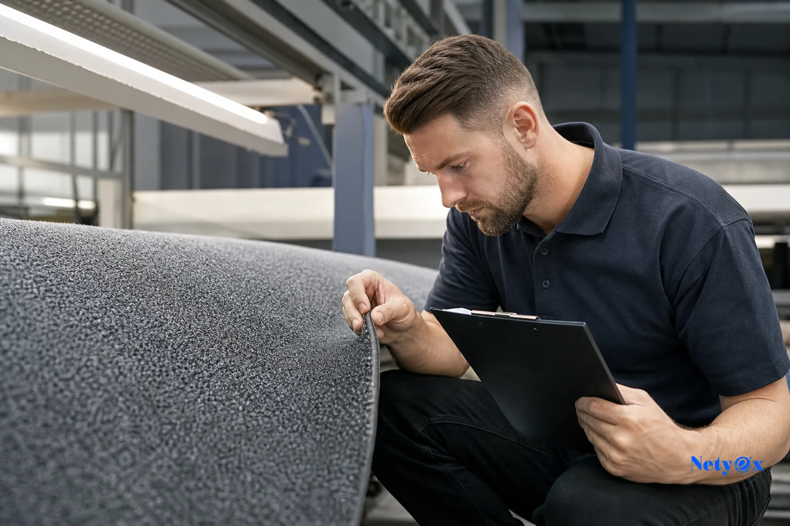 Quality inspector examining a rolled hotel-grade rug before export. Photorealistic photo of a quality control inspector in a factory setting closely examining the pile density and stitching of a large commercial-grade carpet under bright