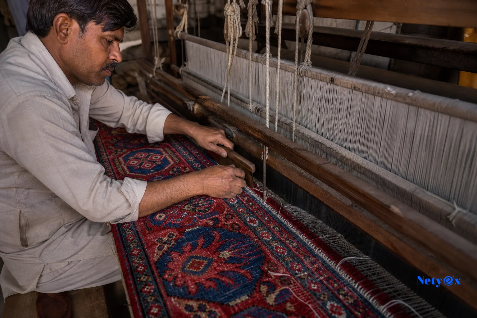 Skilled artisan hand-weaving a large rug on a traditional loom in India. Photorealistic photo of an Indian artisan working on a large traditional handloom weaving a richly patterned wool rug, workshop setting in Bhadohi India, warm natural