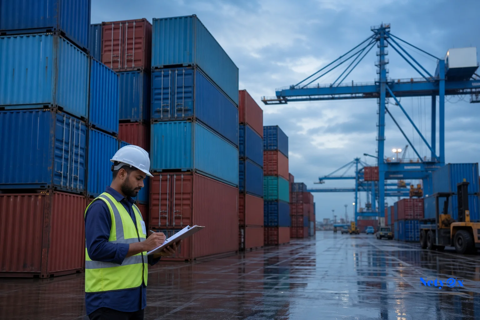 Shipping containers and export documentation for GCC-bound cargo. Photorealistic photo of stacked shipping containers at an Indian port with a dock worker checking export paperwork on a clipboard, cranes in the background, overcast