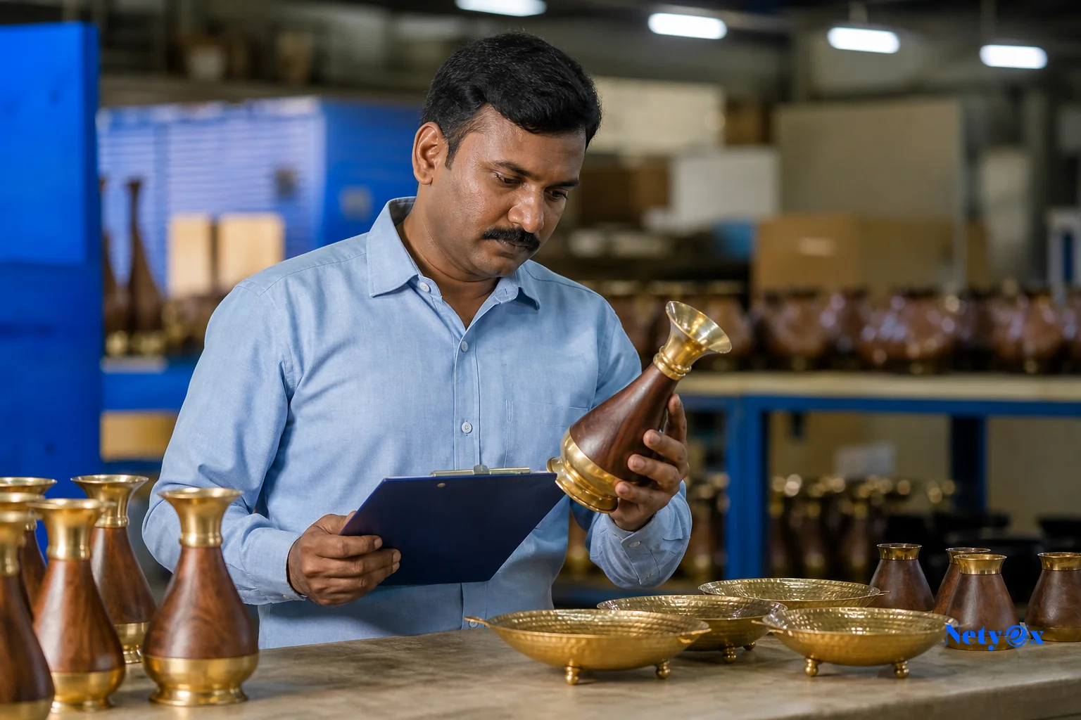 Photorealistic photograph of a quality control inspector in a manufacturing workshop in India, carefully examining handcrafted brass and wooden home decor items on an inspection table, using a checklist on a clipboard, warm factory lighting