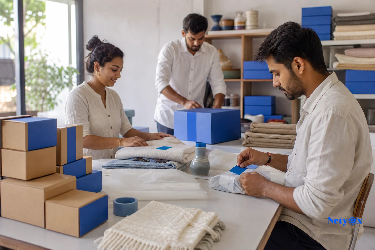 Photorealistic photograph of a small production team in an Indian workshop applying custom branded packaging and labels to finished home decor and textile products on a clean worktable, boxes neatly stacked, soft natural daylight through a