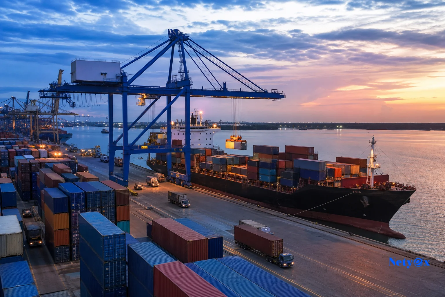 Shipping containers being loaded at an Indian port for export destined to overseas buyers. photorealistic: Wide shot of a busy Indian sea port with stacked shipping containers and a crane loading a cargo vessel at dusk, blue and orange sky