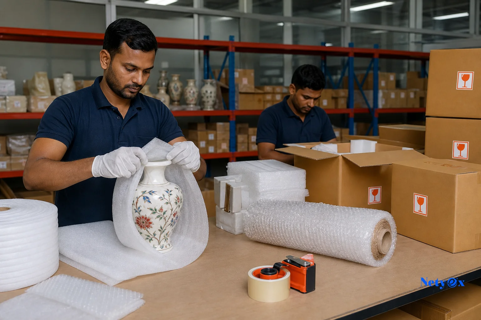 Export packaging process for marble handicrafts showing foam wrapping, bubble wrap, and double-wall cartons with fragile labels