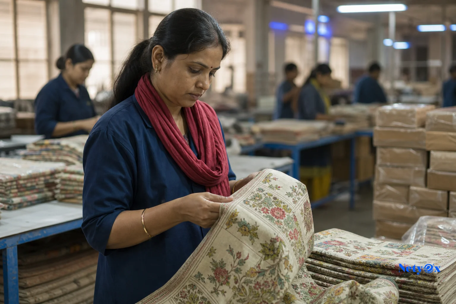 Indian factory floor with quality inspector checking goods before shipment, representing the QC milestone trigger. photorealistic: A quality control inspector in an Indian textile or handicraft factory carefully examining finished goods on