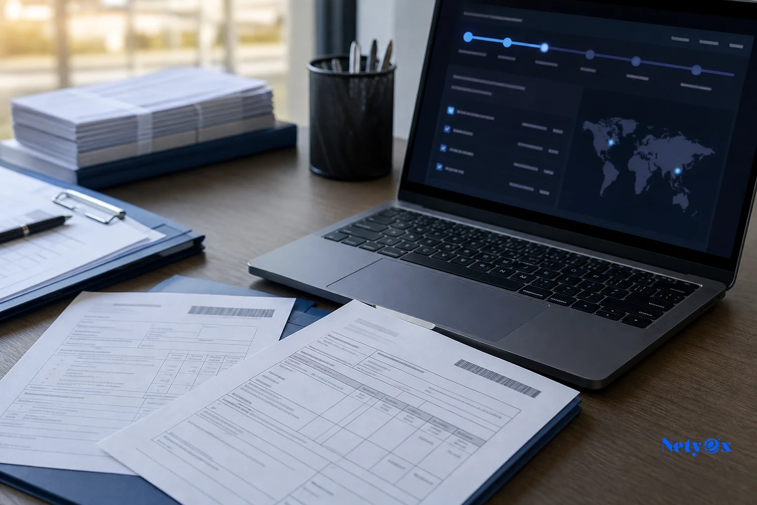 Close-up of export documents, shipping containers, and a handshake symbolizing trust between buyer and supplier after milestone verification. photorealistic: Close-up shot of export shipping documents and a packing list on a desk next to a