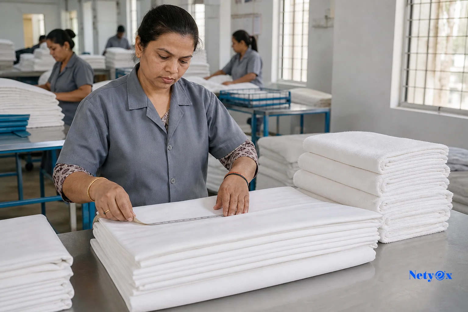 Quality inspector checking hotel linen textiles for export. photorealistic photo of a quality control inspector examining folded white hotel bed linen and towels on a stainless steel table in an Indian export factory, checking stitching and
