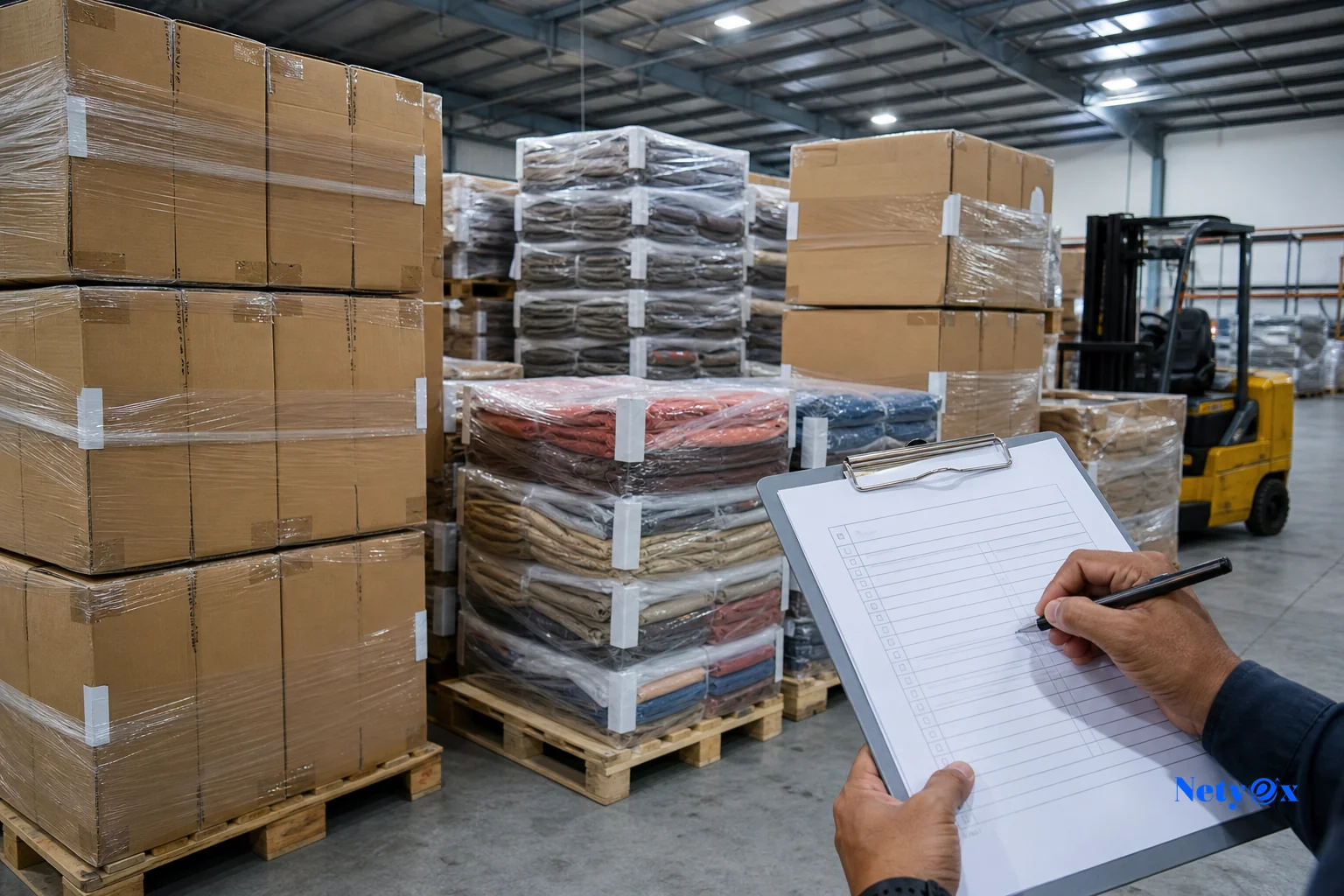 Pre-shipment inspection of packed textile cartons before export. photorealistic photo of export-ready cartons of folded textiles and leather goods stacked on wooden pallets in an Indian warehouse, a clipboard with inspection checklist in
