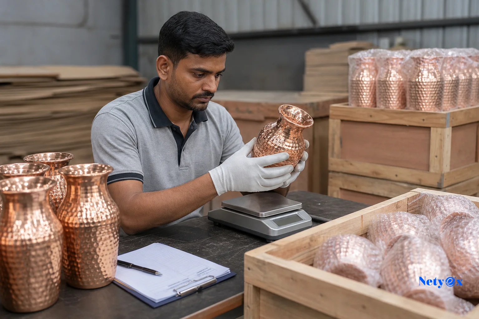 Quality control inspector weighing and checking copper decorative items before export from India