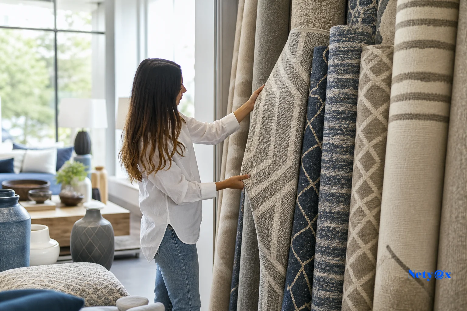 Hero image of hand-tufted wool rugs staged in a bright retail showroom setting. Photorealistic photo: a bright Canadian home decor retail showroom with several hand-tufted wool rugs of different geometric and neutral patterns rolled and