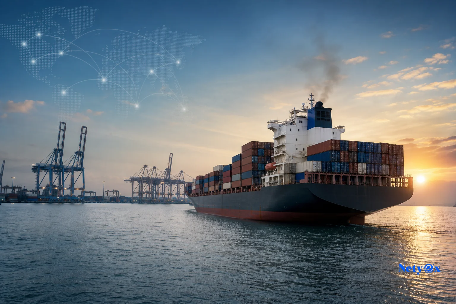 Shipping containers and cargo ship representing India to Canada ocean freight. Photorealistic photo: a large cargo ship loaded with shipping containers departing an Indian port at sunrise, blue sky with soft orange light, a small overlay