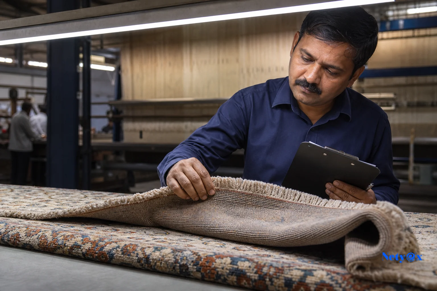 Quality inspector checking a rug for defects before export. Photorealistic photo: a quality control inspector in an Indian rug workshop examining the backing and pile density of a rolled wool rug under bright inspection lighting, clipboard