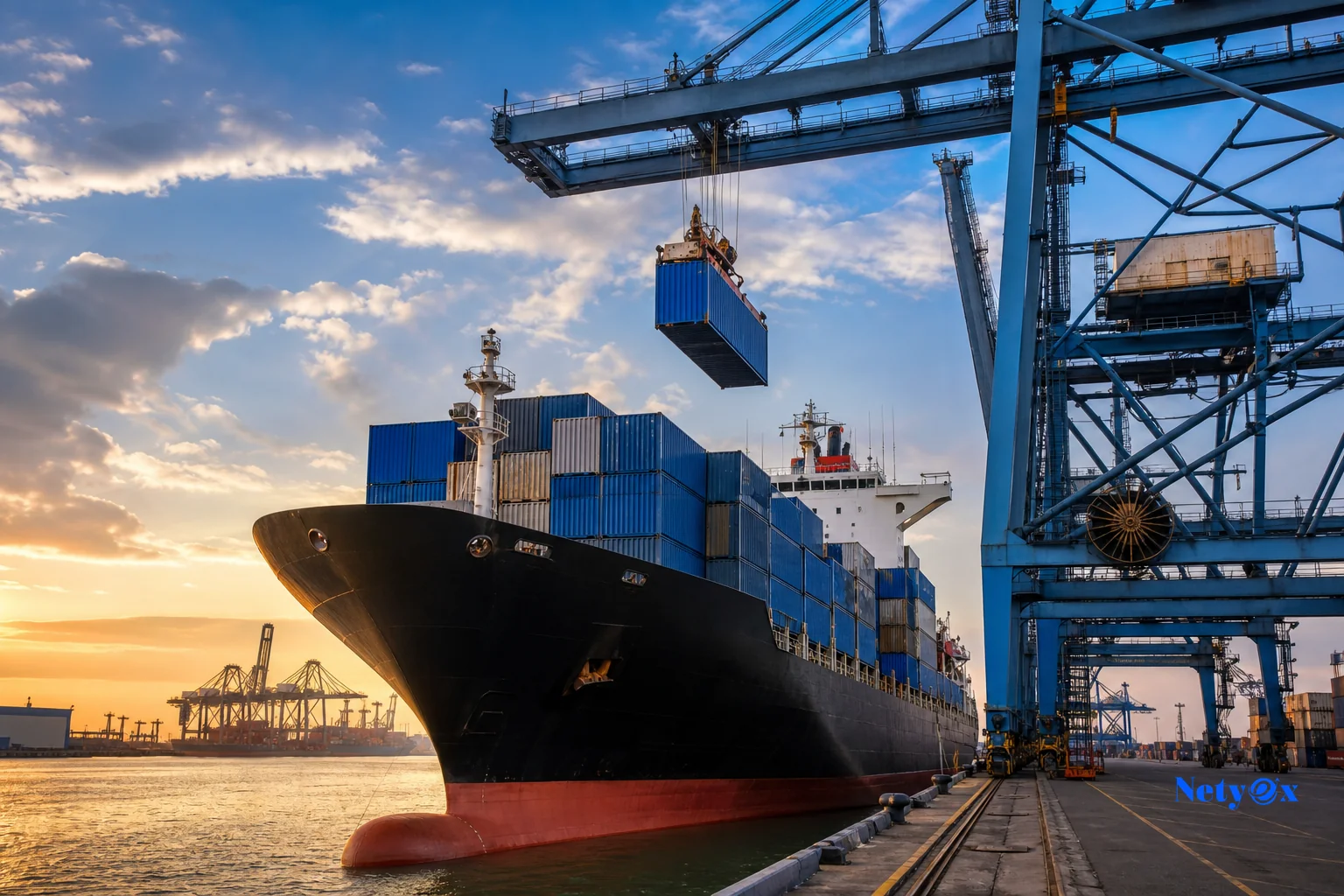 Cargo ship being loaded with shipping containers at an Indian port for export to Hamburg and other German ports
