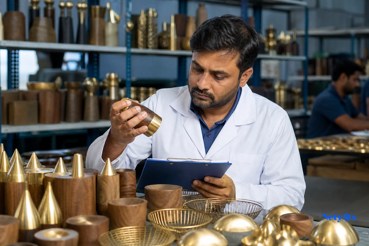Quality control inspector examining handcrafted wooden and brass products in an Indian factory before export to Germany