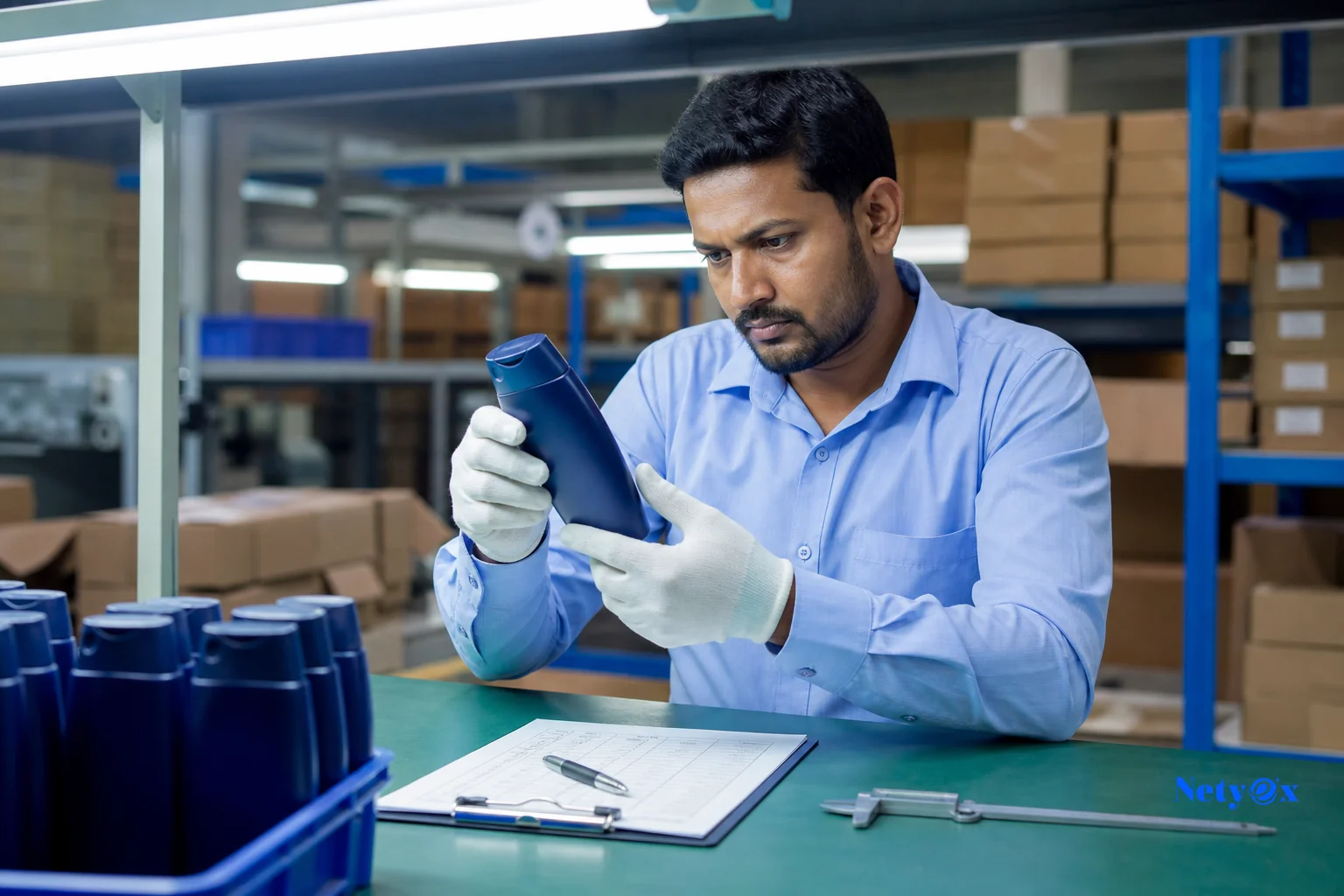 Third-party quality inspector examining finished private label products before export. photorealistic photo of a quality control inspector in an Indian manufacturing facility carefully examining a finished private-label product on an