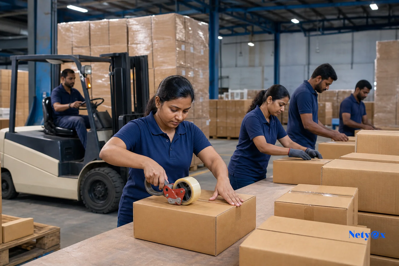 photorealistic photo of warehouse workers in India packing and labeling cartons for export, stacks of neatly sealed boxes with shipping labels, forklift and pallets in the background, industrial warehouse lighting with blue and grey tones
