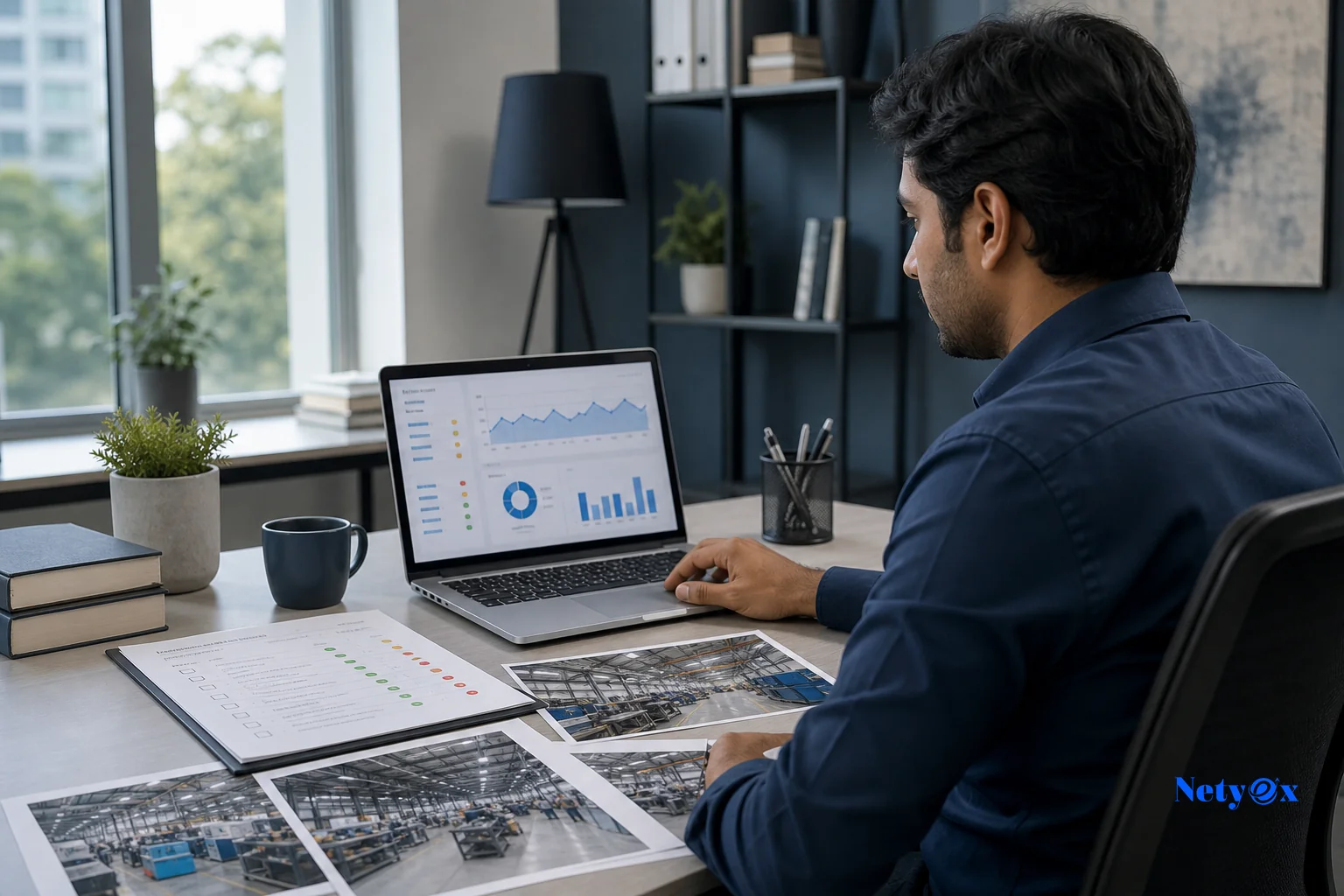 A split-screen style photo showing a sourcing specialist coordinating remotely via laptop with factory compliance documentation visible on screen. photorealistic photo of a sourcing specialist working at a modern office desk in India