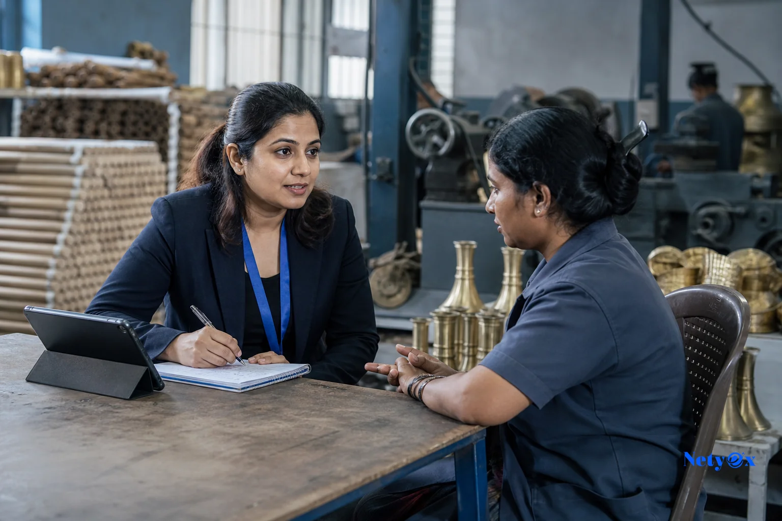 A third-party compliance auditor conducting an interview with a factory worker in a respectful, professional setting. photorealistic photo of a third-party compliance auditor, a woman in professional attire with an ID badge, conducting a
