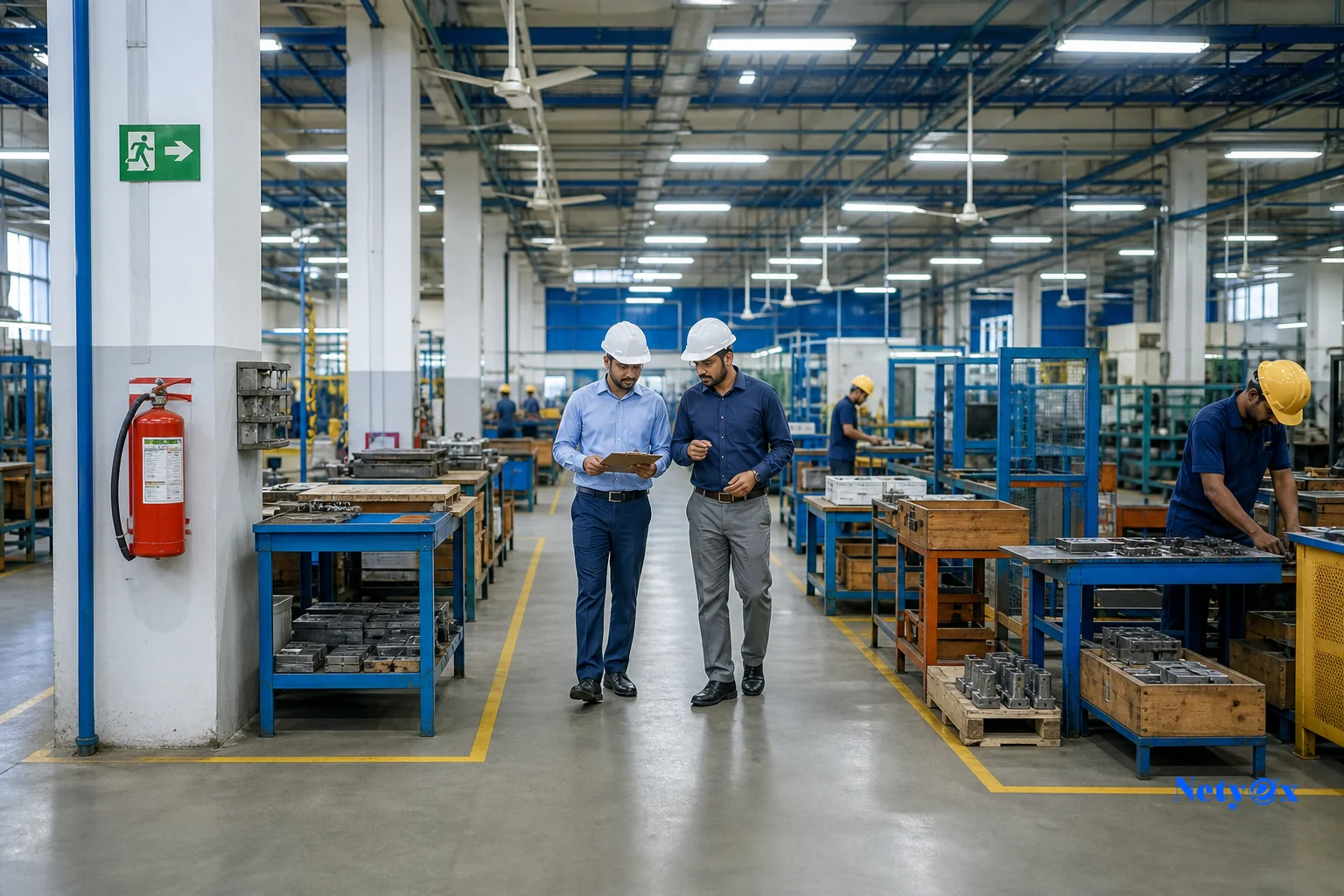 A wide shot of an Indian factory floor during a walkthrough inspection, showing safety signage, fire exits, and organized workstations. photorealistic photo of a wide-angle interior shot of an organized Indian manufacturing facility floor