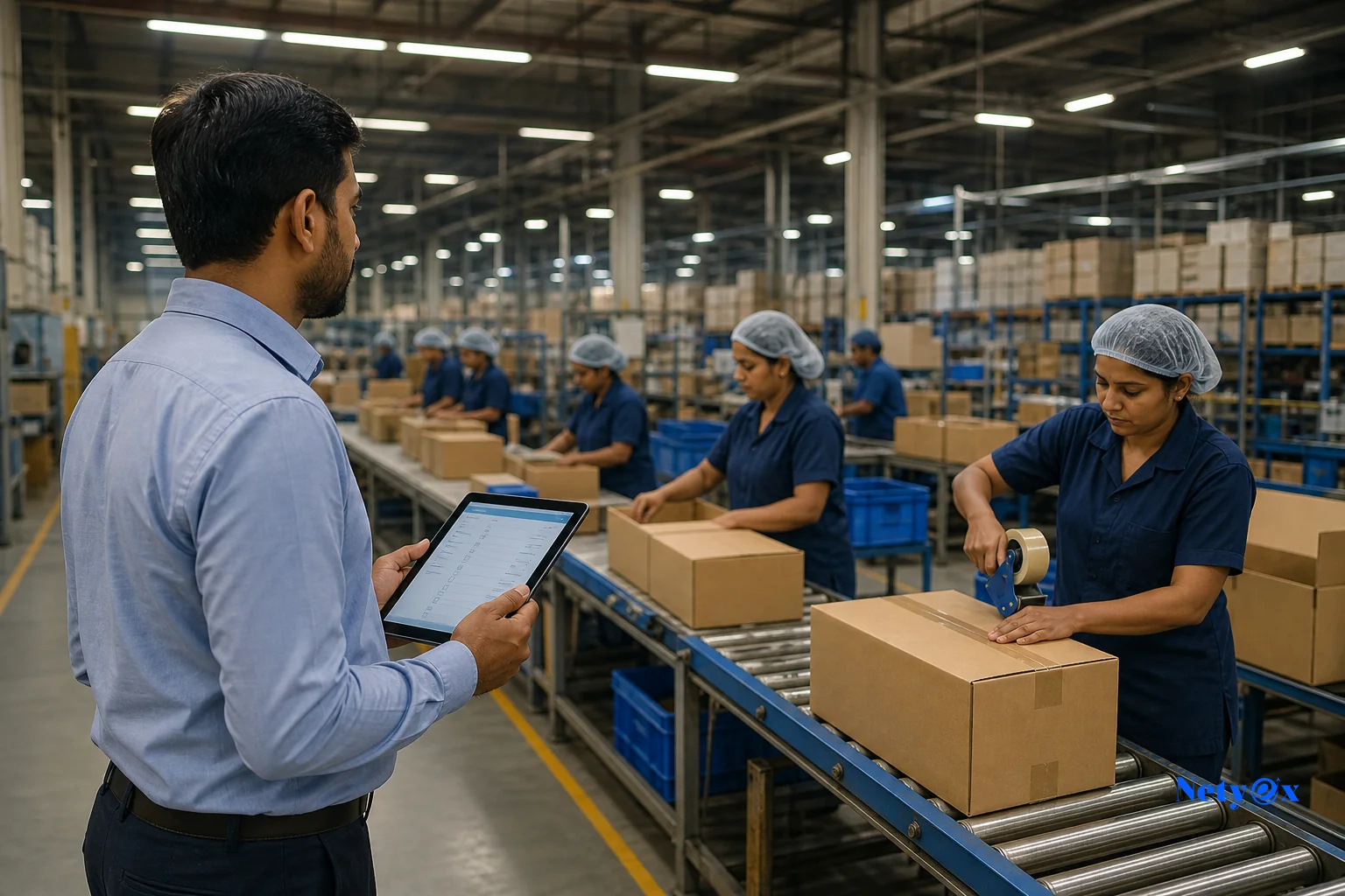 Quality inspector monitoring production line at Indian factory with tablet. Photorealistic: A quality control inspector standing on a factory production floor in India, holding a tablet displaying inspection checklists, observing workers