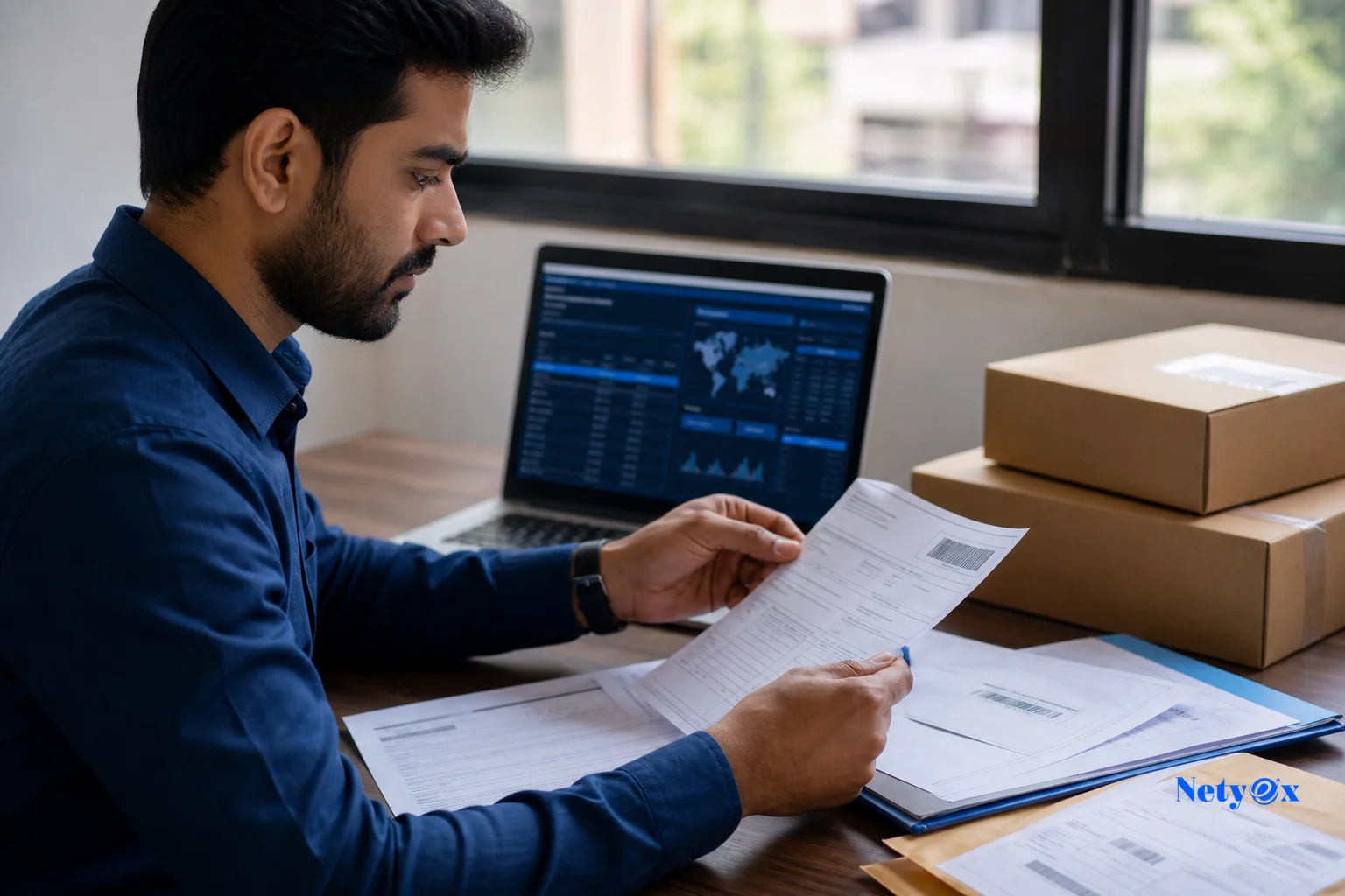 Close-up of export documents and shipping labels being reviewed at a desk. Photorealistic: Close-up shot of a logistics coordinator reviewing export documents, commercial invoices, and shipping labels on a desk in an office in India, with a