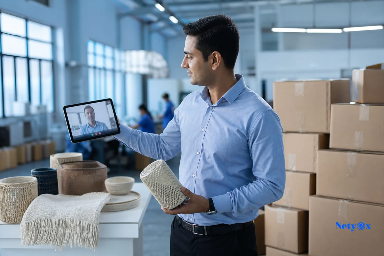 A dedicated sourcing specialist coordinating with an overseas buyer via video call while standing in an Indian production facility. Photorealistic photo of a professional Indian sourcing specialist standing inside a clean production