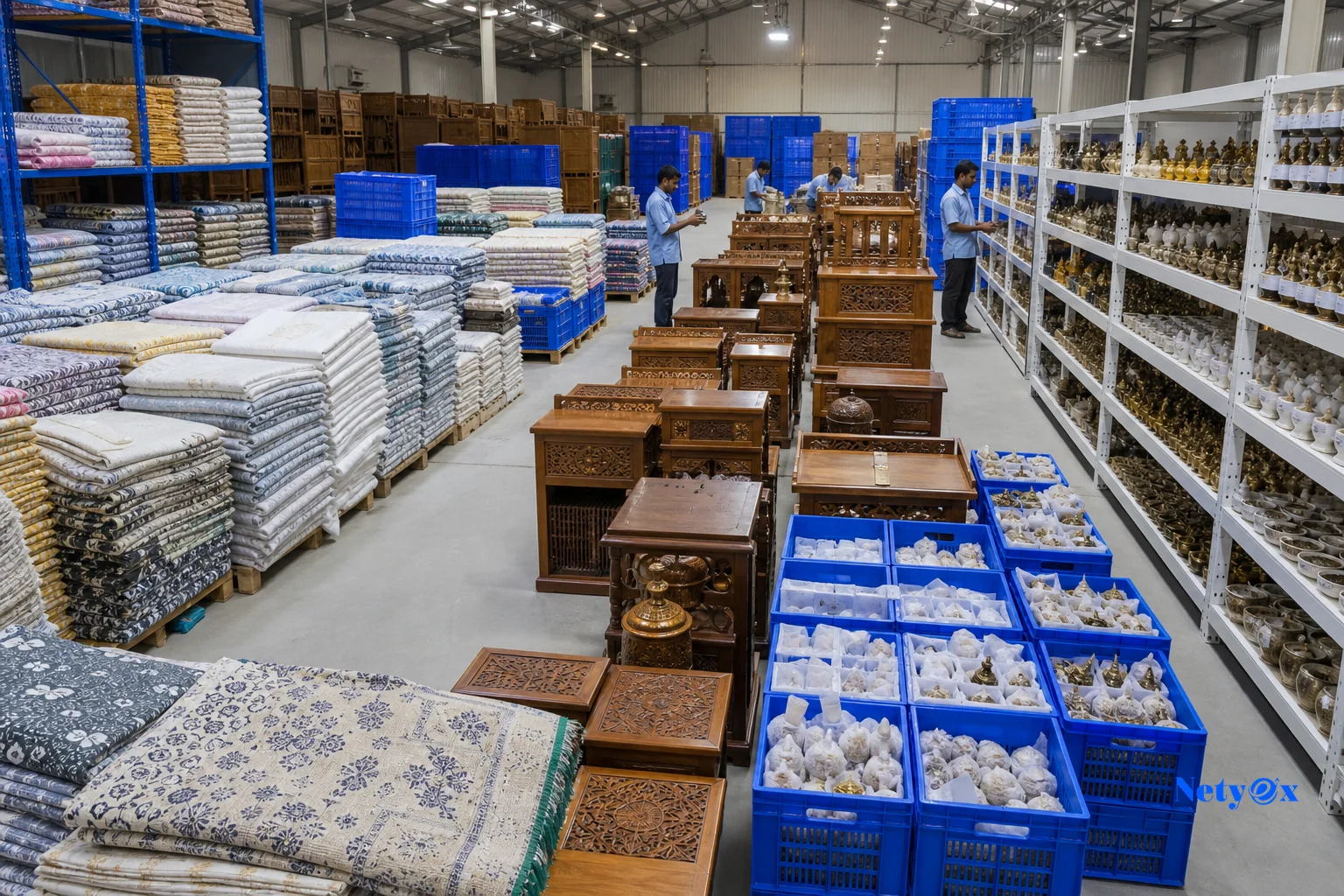 Photorealistic photo of an organized Indian export warehouse with clearly separated sections: folded stacks of woven textile bedsheets on one side, rows of hand-carved wooden furniture pieces in the middle, and small brass and marble