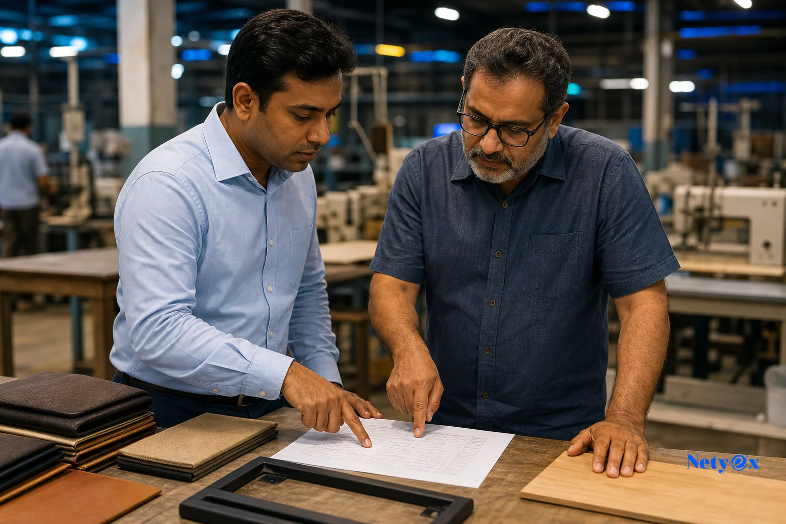 A negotiation scene between a sourcing specialist and a supplier reviewing a sample order and production schedule. Photorealistic photo of two professionals, an Indian sourcing specialist and a factory owner, standing at a production floor