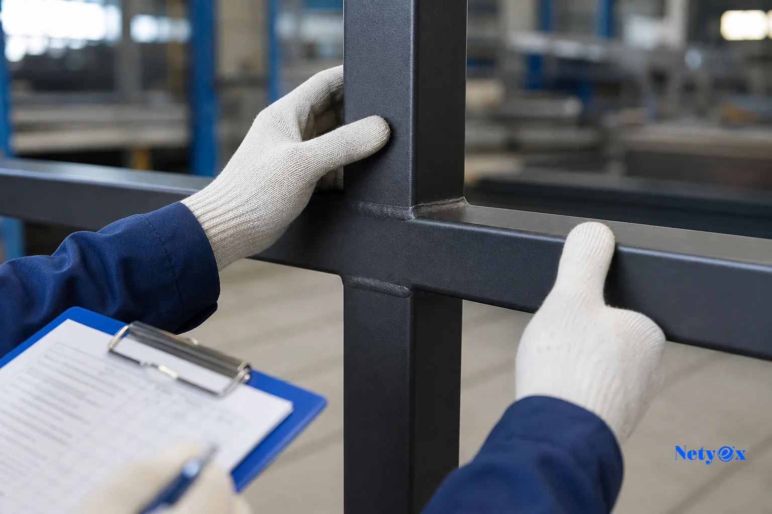 Close-up of a quality inspector examining a welded iron furniture joint and powder-coated finish. Photorealistic close-up photo of a quality control inspector's gloved hands examining a welded iron table leg joint on an industrial furniture